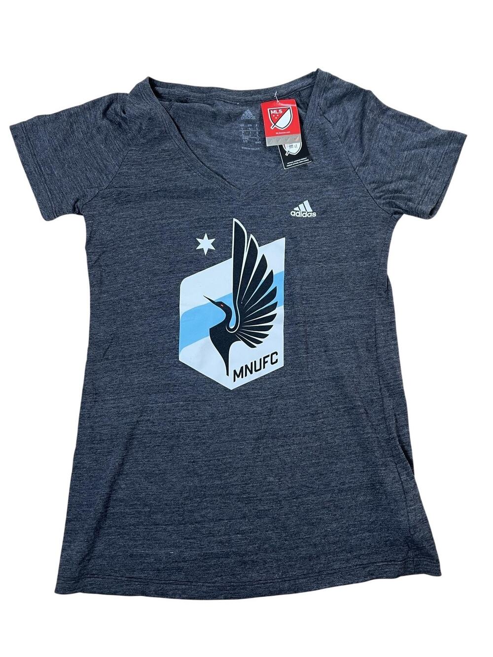 Adidas T-Shirt Womens L Gray V-Neck Raglan MNUFC MLS Soccer Official Licensed